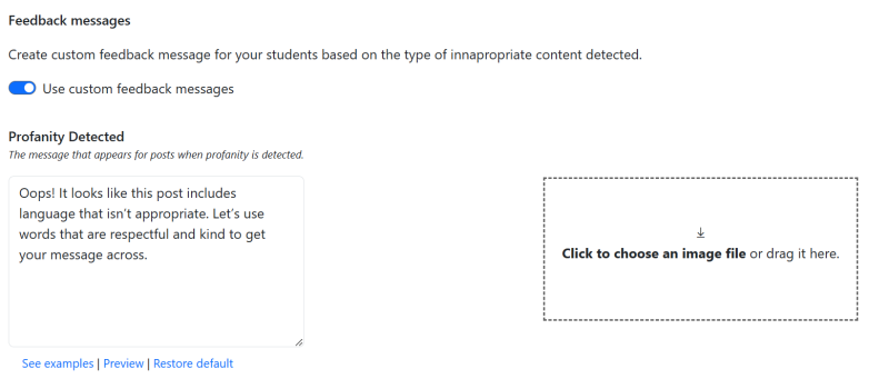 Screenshot of the interface for customizing a feedback message with profanity.