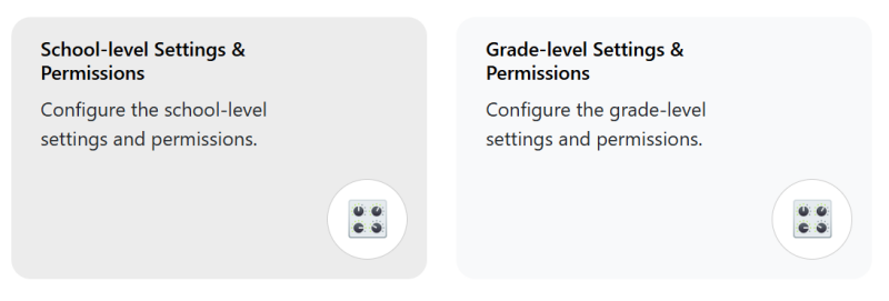 Screenshot of the 'School-level Settings & Permissions' and 'Grade-level Settings & Permissions' pods.